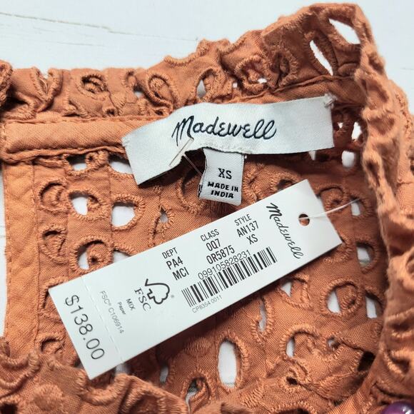 Madewell Eyelet Ruffle Sleeve Pintuck Mini Dress Mulled Cider Orange Layered XS - Picture 8 of 9